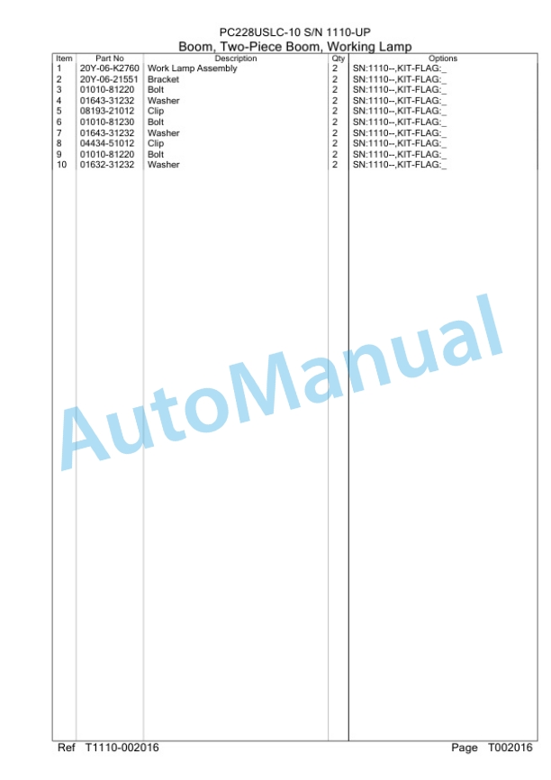 Komatsu PC228USLC-10 Hydraulic Excavator Parts Manual PC0000780U-5