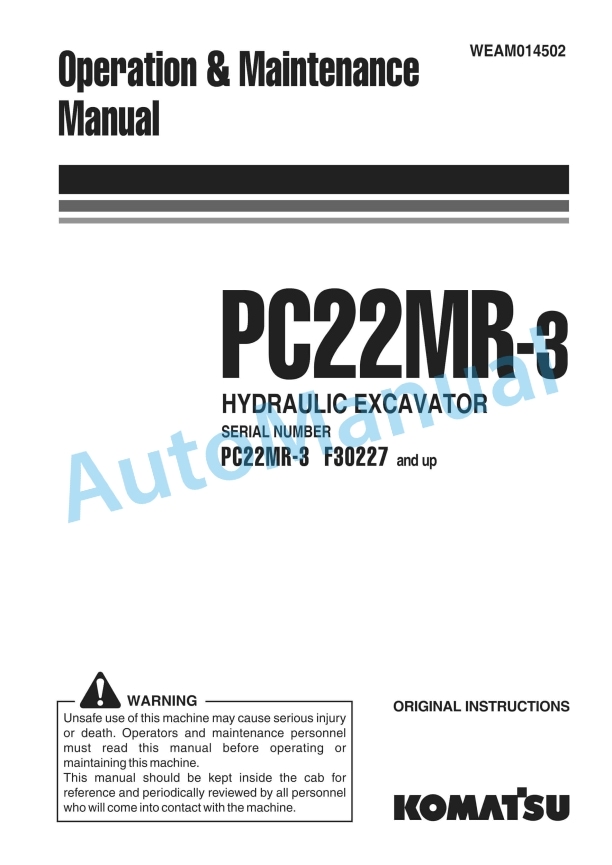 Komatsu PC22MR-3 Hydraulic Excavator Operation and Maintenance Manual WEAM014502