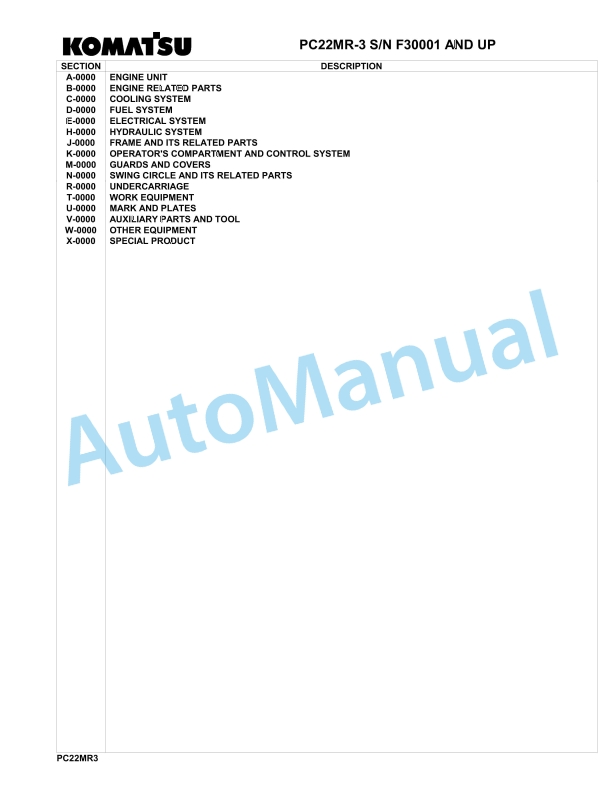 Komatsu PC22MR-3 Hydraulic Excavator Parts Manual F30001-UP