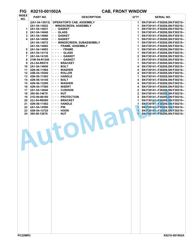 Komatsu PC22MR-3 Hydraulic Excavator Parts Manual F30001-UP-3