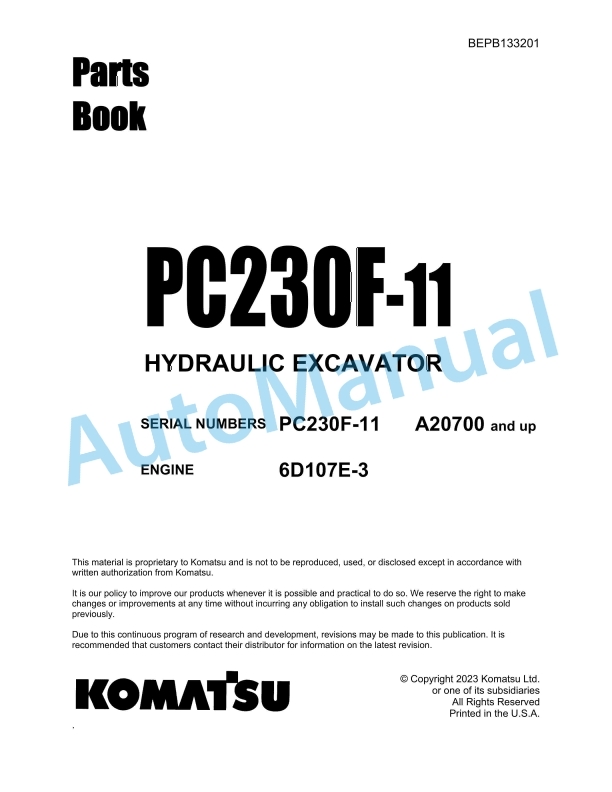 Komatsu PC230F-11 Hydraulic Excavator Parts Manual BEPB133201
