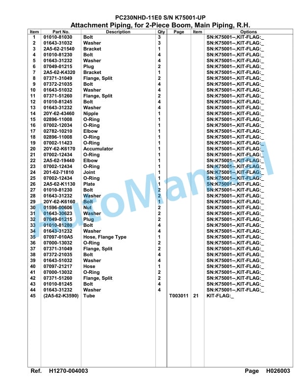 Komatsu PC230NHD-11E0 Hydraulic Excavator Parts Manual PC00083U-3