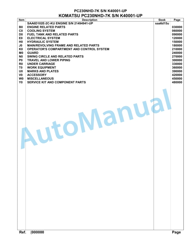 Komatsu PC230NHD-7K Hydraulic Excavator Parts Manual SAA6D15U