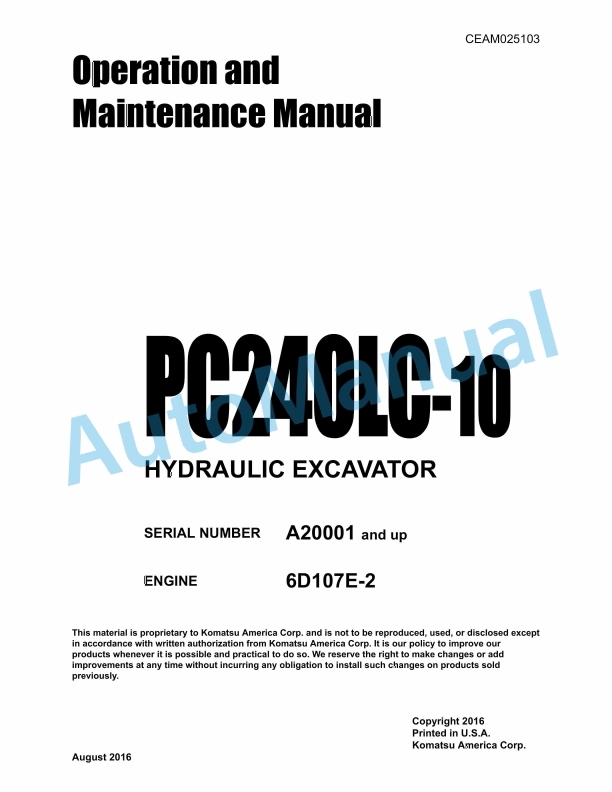 Komatsu PC240LC-10 Hydraulic Excavator Operation and Maintenance Manual CEAM025103