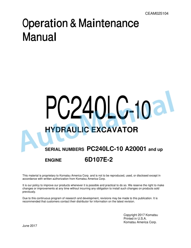 Komatsu PC240LC-10 Hydraulic Excavator Operation and Maintenance Manual CEAM025104