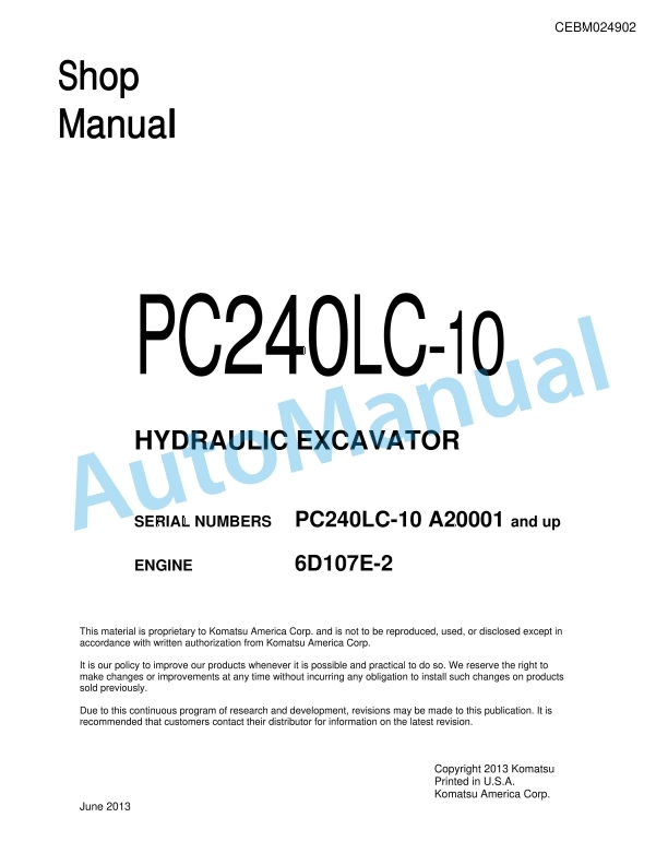 Komatsu PC240LC-10 Hydraulic Excavator Shop Manual CEBM024902