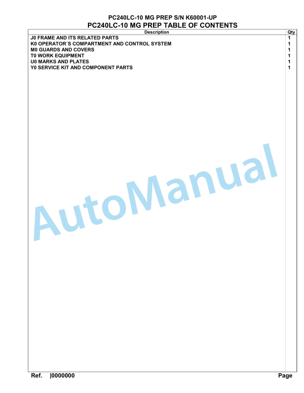 Komatsu PC240LC-10 MG PREP Hydraulic Excavator Parts Manual K60001-up