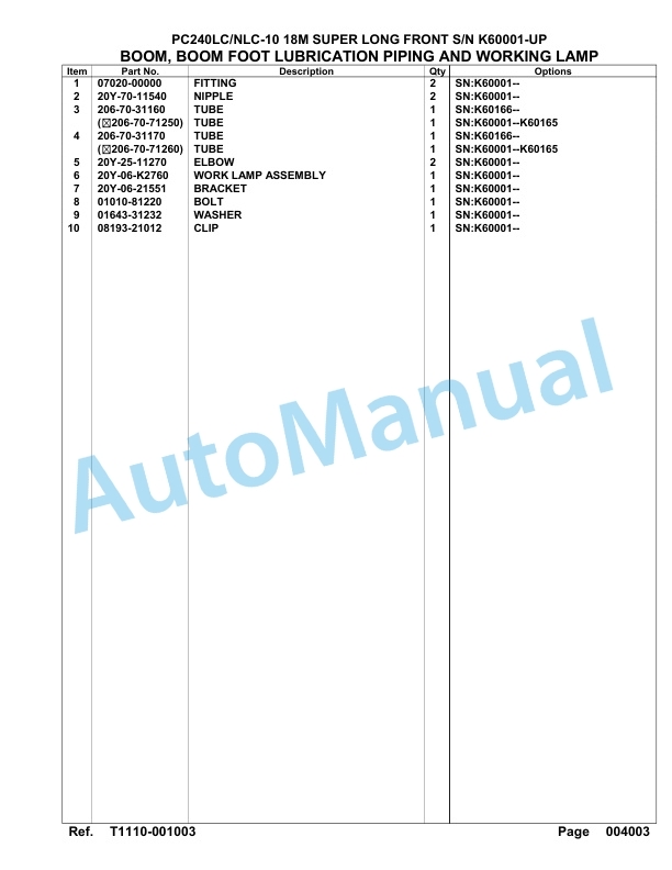 Komatsu PC240LC-10, PC240NLC-10 18M Super Long Front Hydraulic Excavator Parts Manual K60001-UP-4