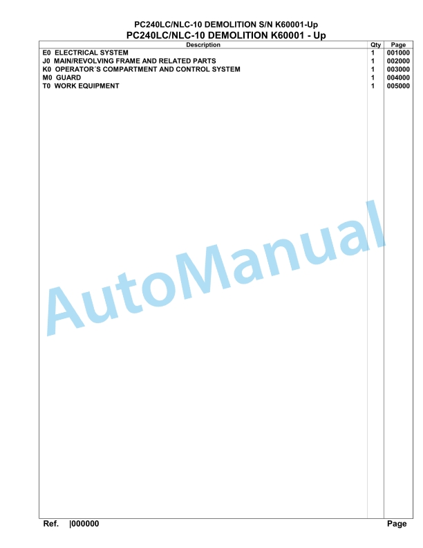 Komatsu PC240LC-10, PC240NLC-10 Demolition Hydraulic Excavator Parts Manual K60001-UP