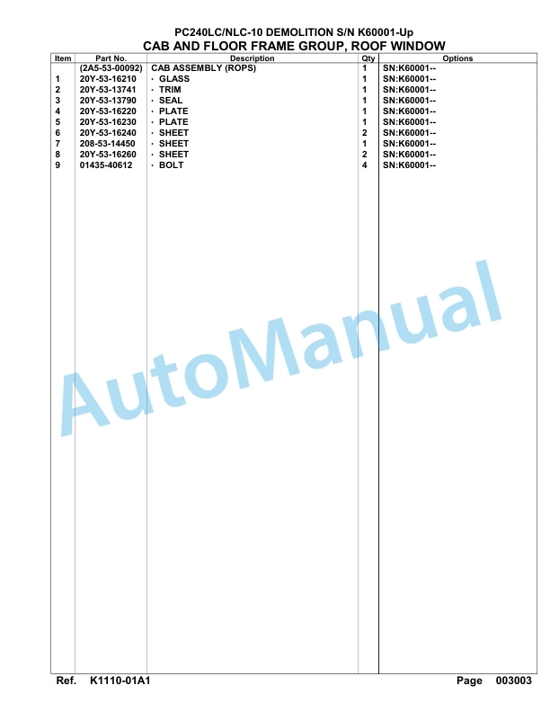 Komatsu PC240LC-10, PC240NLC-10 Demolition Hydraulic Excavator Parts Manual K60001-UP-2
