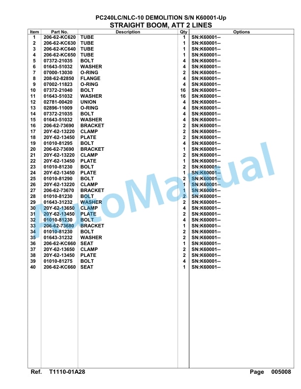 Komatsu PC240LC-10, PC240NLC-10 Demolition Hydraulic Excavator Parts Manual K60001-UP-4