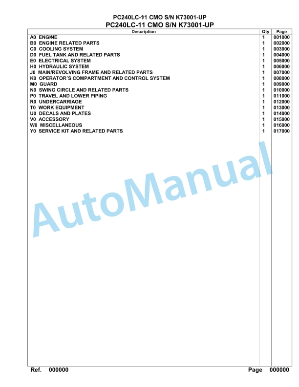 Komatsu PC240LC-11 CMO Hydraulic Excavator Parts Manual K73001-UP