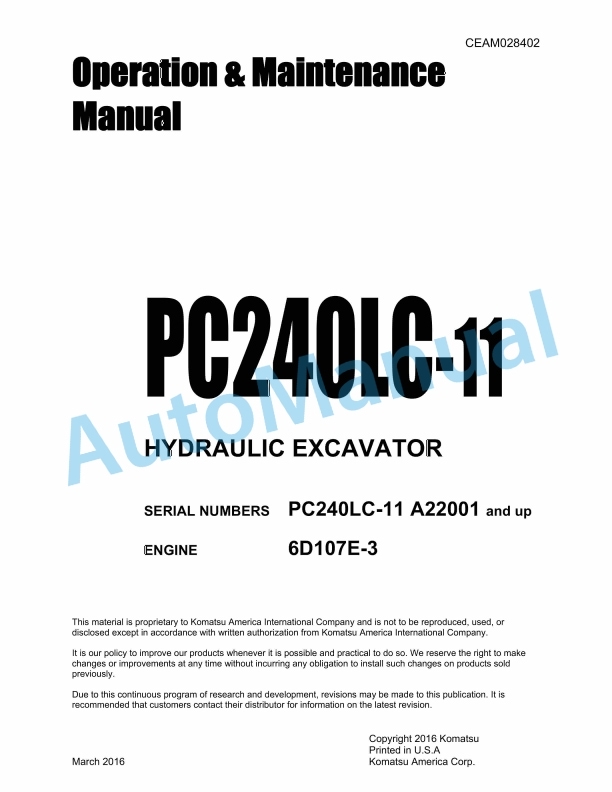 Komatsu PC240LC-11 Hydraulic Excavator Operation and Maintenance Manual CEAM028402