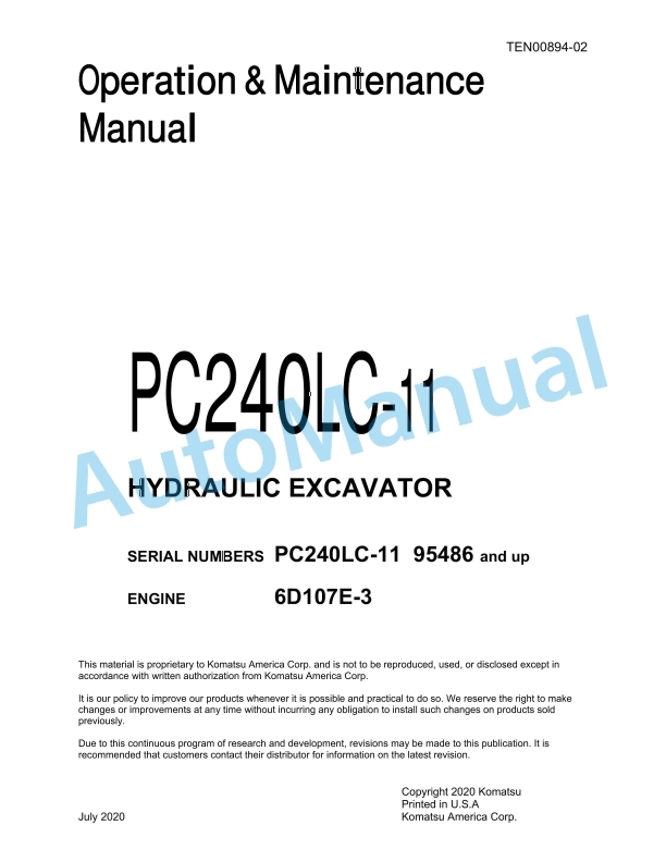 Komatsu PC240LC-11 Hydraulic Excavator Operation and Maintenance Manual TEN00894-02