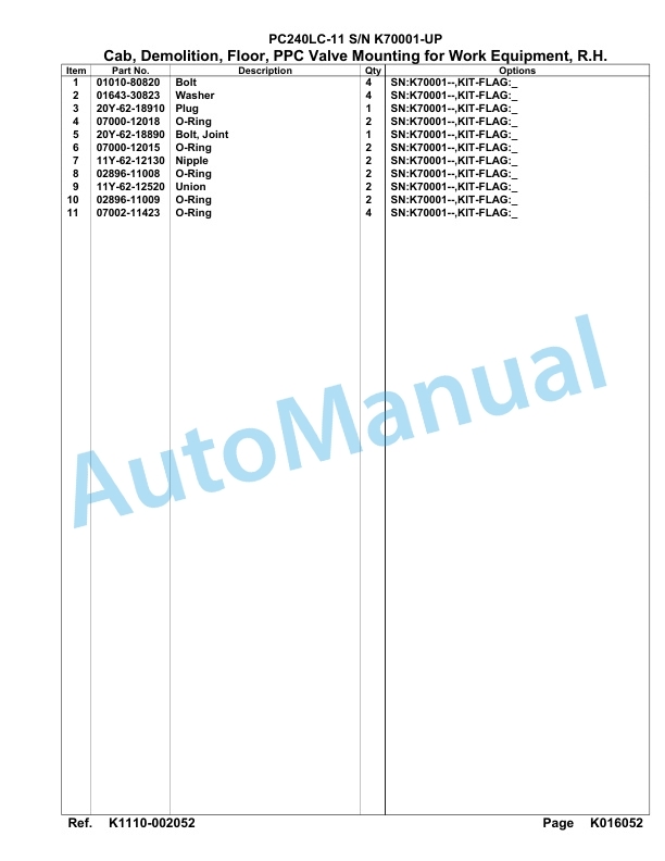 Komatsu PC240LC-11 Hydraulic Excavator Parts Manual PC00005U-4