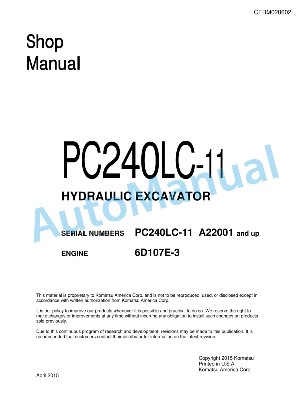 Komatsu PC240LC-11 Hydraulic Excavator Shop Manual CEBM028602