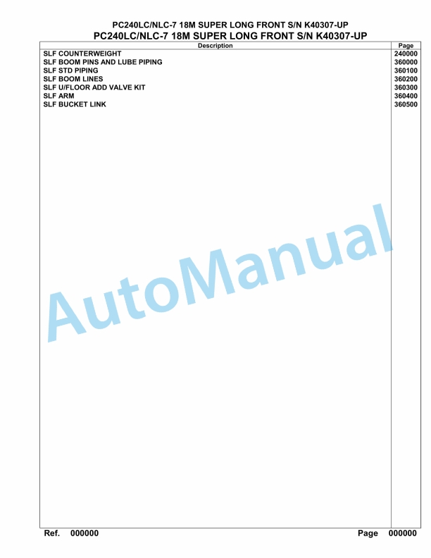 Komatsu PC240LC-7, PC240NLC-7 18M Super Long Front Hydraulic Excavator Parts Manual K40307-UP