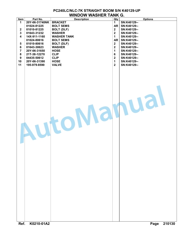 Komatsu PC240LC-7K, PC240NLC-7K Straight Boom Hydraulic Excavator Parts Manual K40129-UP-2