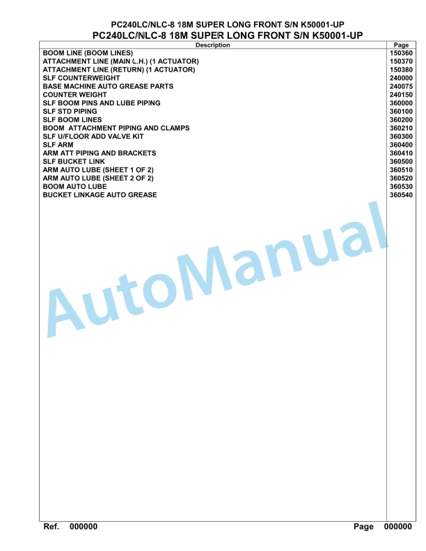 Komatsu PC240LC-8, PC240NLC-8 18M Super Long Front Hydraulic Excavator Parts Manual K50001-up