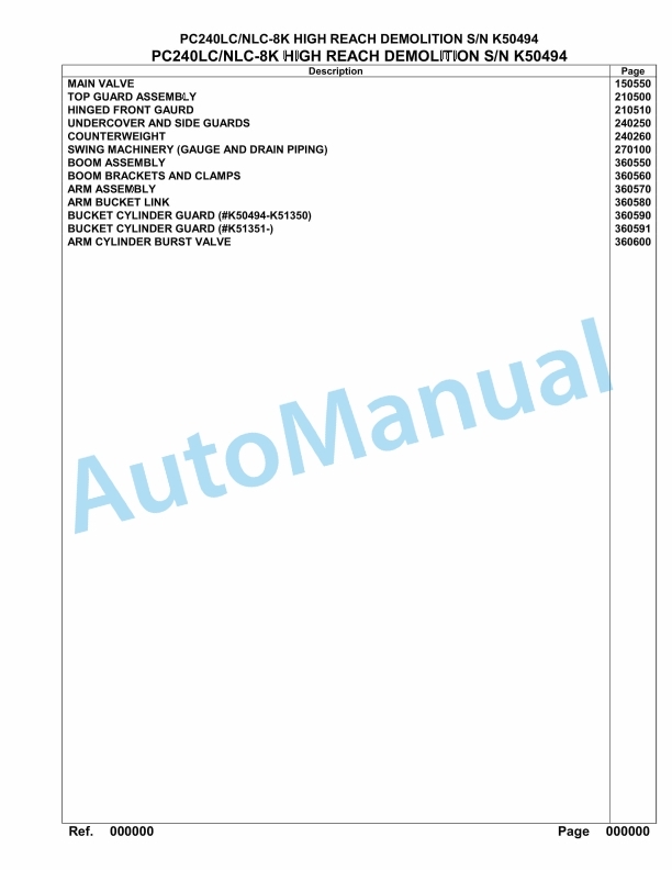 Komatsu PC240LC-8K, PC240NLC-8K High Reach Demolition Hydraulic Excavator Parts Manual K50494