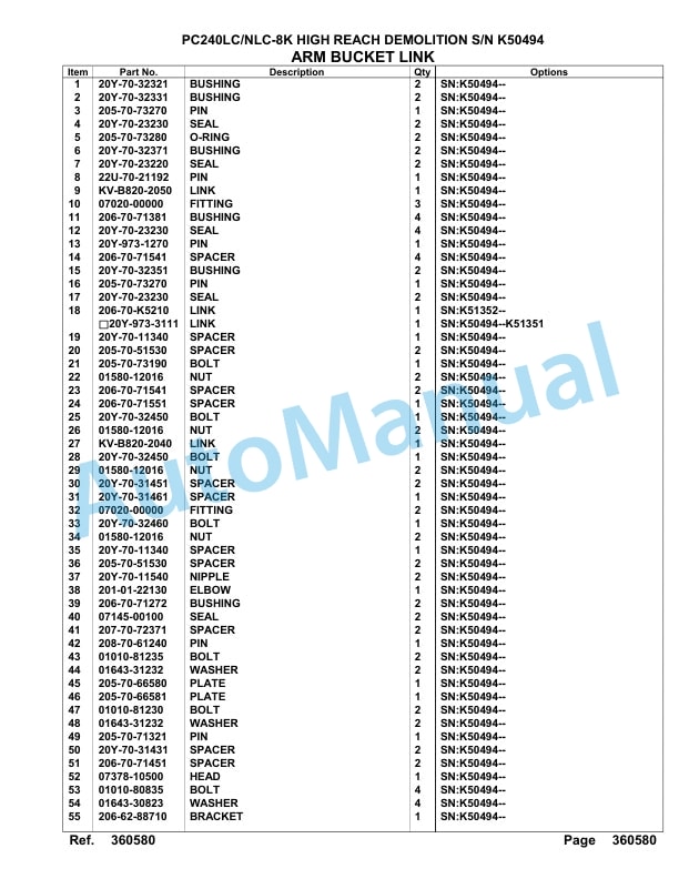 Komatsu PC240LC-8K, PC240NLC-8K High Reach Demolition Hydraulic Excavator Parts Manual K50494-5