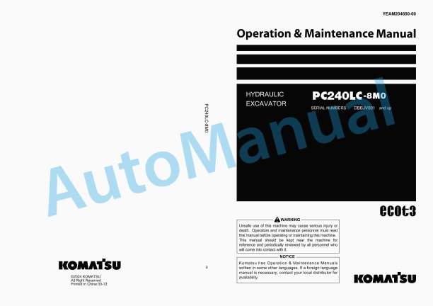Komatsu PC240LC-8M0 Hydraulic Excavator Operation and Maintenance Manual YEAM204600-00