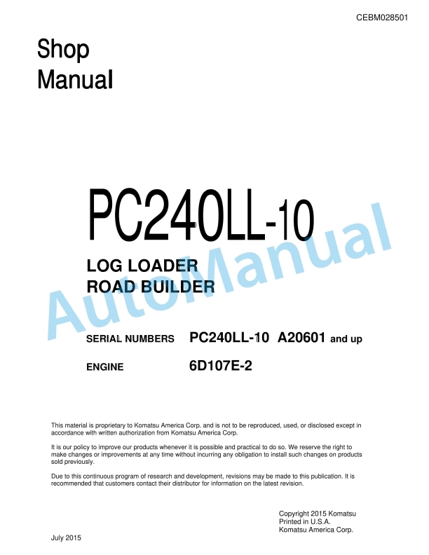 Komatsu PC240LL-10 Log Loader Shop Manual CEBM028501