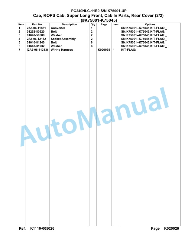 Komatsu PC240NLC-11E0 Hydraulic Excavator Parts Manual PC00069U-4