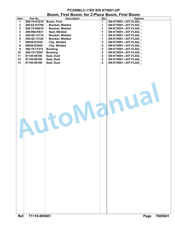 Komatsu PC240NLC-11E0 Hydraulic Excavator Parts Manual PC00069U-5