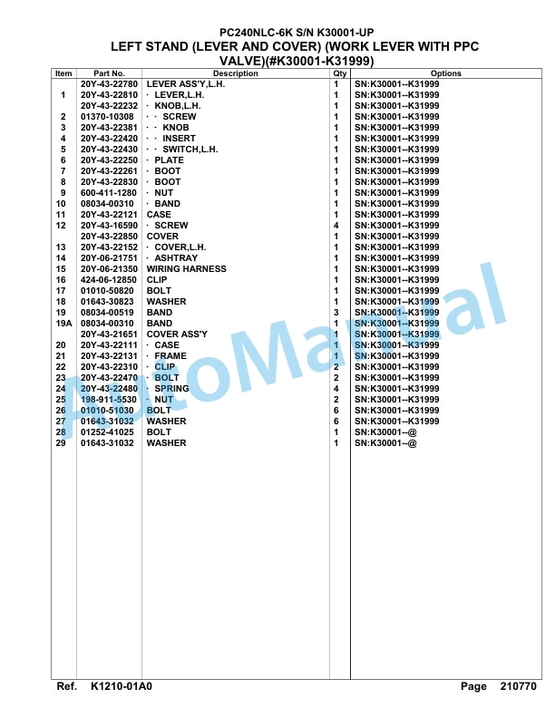 Komatsu PC240NLC-6K Hydraulic Excavator Parts Manual SA6D100U, SA6D102U-4