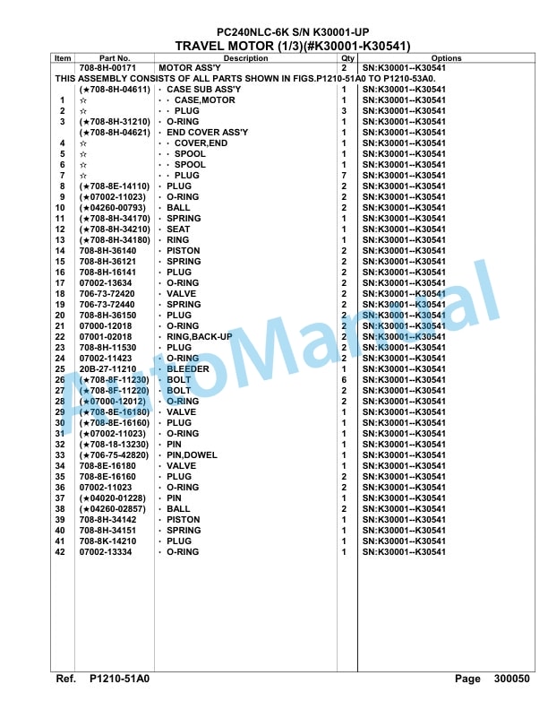 Komatsu PC240NLC-6K Hydraulic Excavator Parts Manual SA6D100U, SA6D102U-5