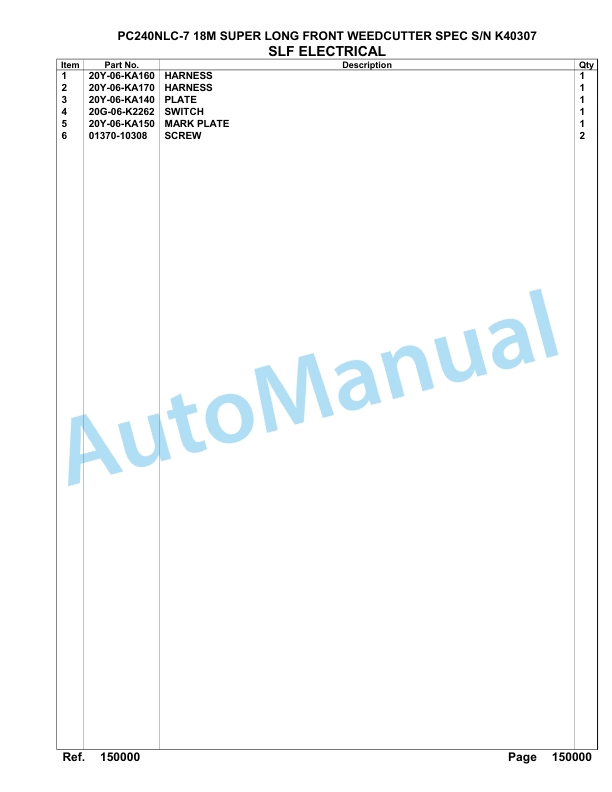 Komatsu PC240NLC-7 18M Super Long Front Weedcutter Spec Parts Manual K40307-2