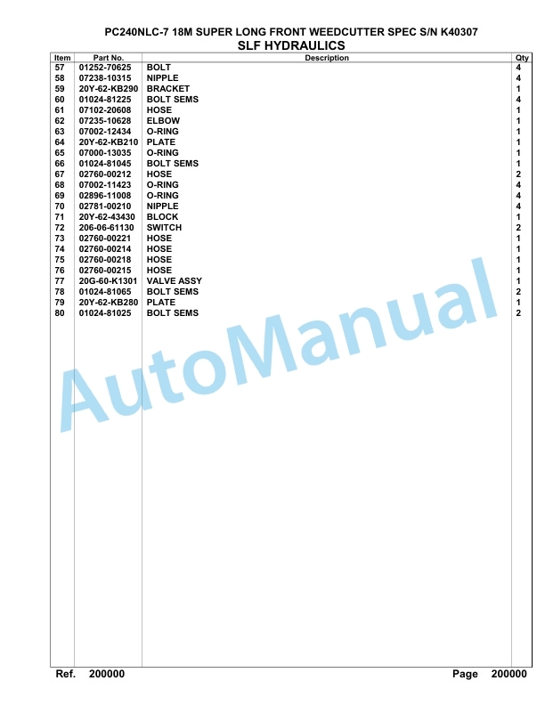 Komatsu PC240NLC-7 18M Super Long Front Weedcutter Spec Parts Manual K40307-3