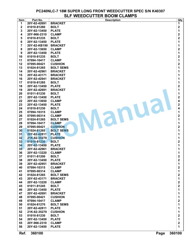 Komatsu PC240NLC-7 18M Super Long Front Weedcutter Spec Parts Manual K40307-5