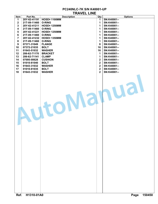 Komatsu PC240NLC-7K Hydraulic Excavator Parts Manual SAA6D15U-2