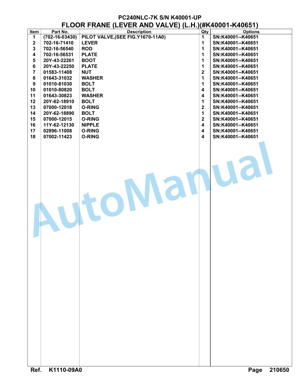 Komatsu PC240NLC-7K Hydraulic Excavator Parts Manual SAA6D15U-3
