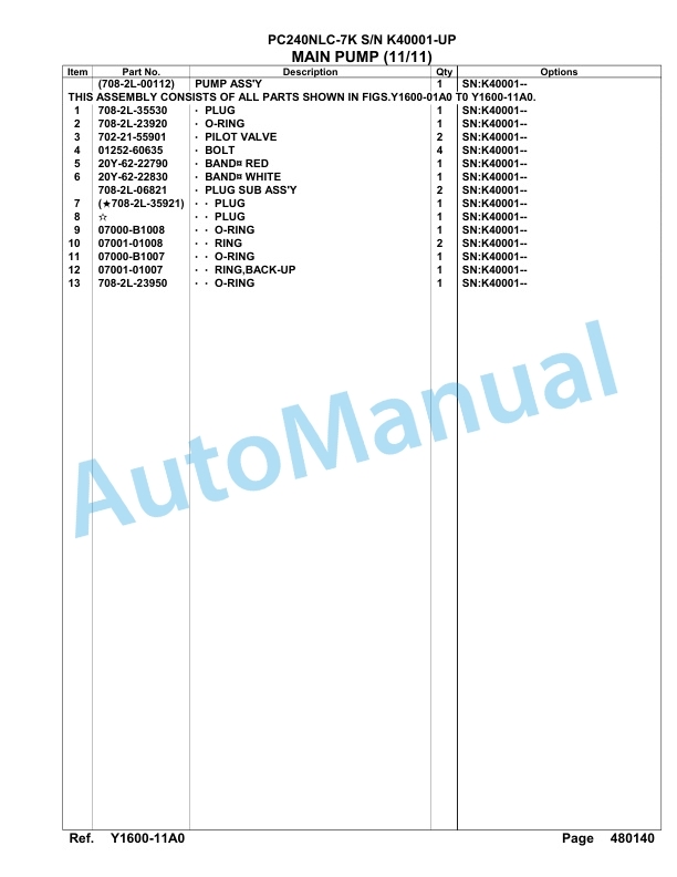 Komatsu PC240NLC-7K Hydraulic Excavator Parts Manual SAA6D15U-5