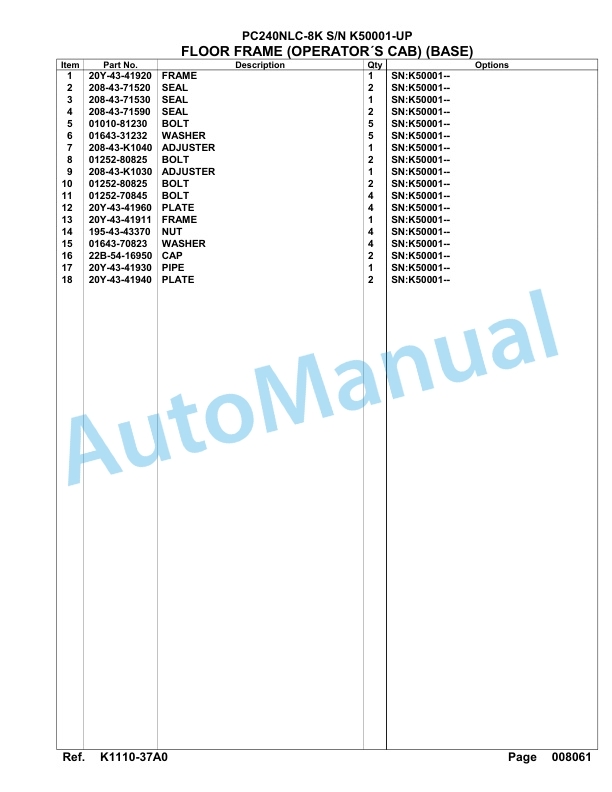 Komatsu PC240NLC-8K Hydraulic Excavator Parts Manual SAA6D1HU-3