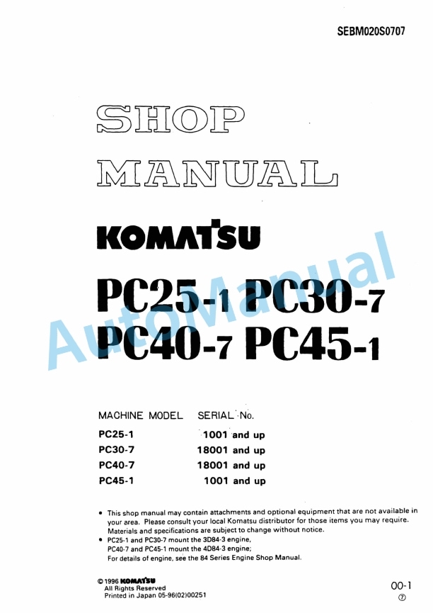 Komatsu PC25-1, PC30-7, PC40-7, PC45-1 Hydraulic Excavator Shop Manual SEBM020S0707