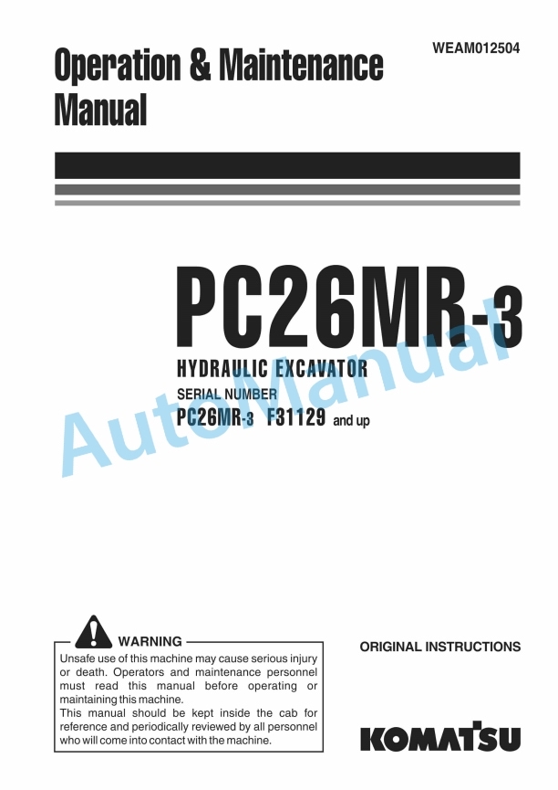 Komatsu PC26MR-3 Hydraulic Excavator Operation and Maintenance Manual WEAM012504