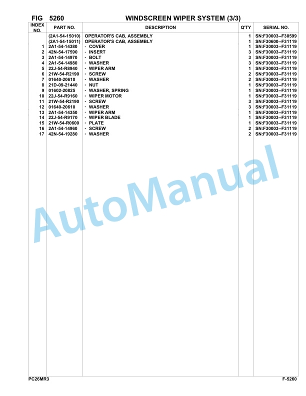 Komatsu PC26MR-3 Hydraulic Excavator Parts Manual F30003-UP-3
