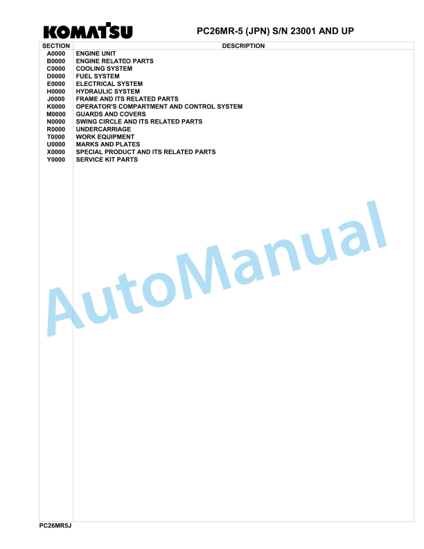 Komatsu PC26MR-5 Hydraulic Excavator Parts Manual 23001-UP