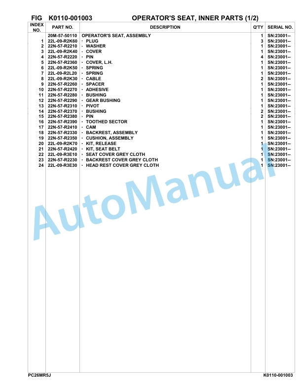 Komatsu PC26MR-5 Hydraulic Excavator Parts Manual 23001-UP-3