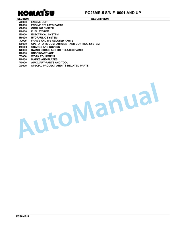 Komatsu PC26MR-5 Hydraulic Excavator Parts Manual F10001-UP