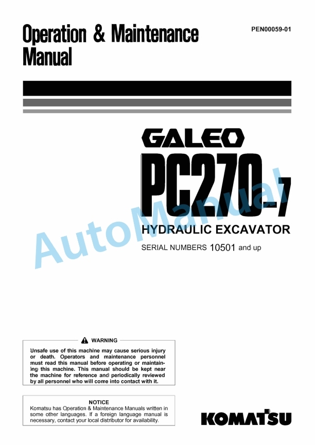 Komatsu PC270-7 Galeo Hydraulic Excavator Operation and Maintenance Manual PEN00059-01