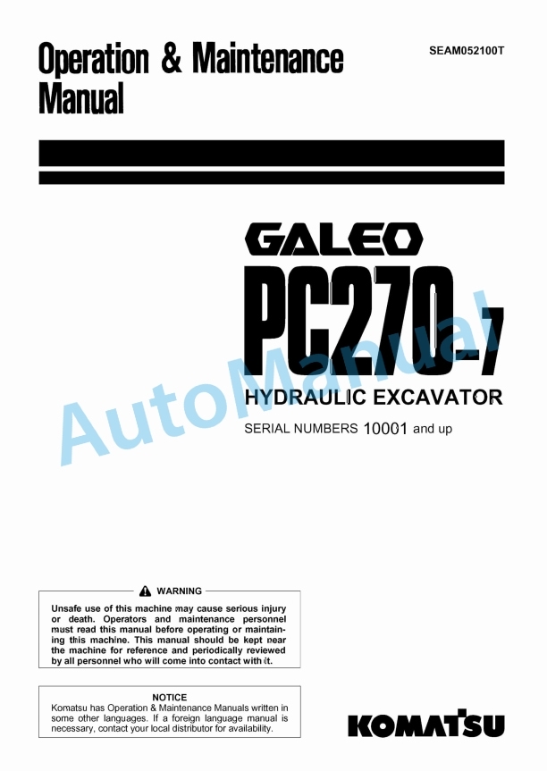 Komatsu PC270-7 Galeo Hydraulic Excavator Operation and Maintenance Manual SEAM052100T