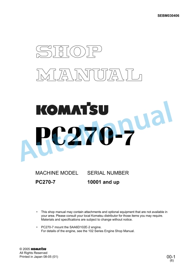 Komatsu PC270-7 Hydraulic Excavator Shop Manual SEBM030406