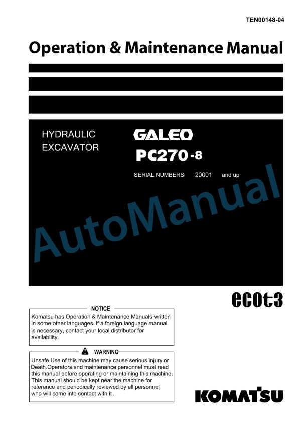 Komatsu PC270-8 Galeo Hydraulic Excavator Operation and Maintenance Manual TEN00148-04