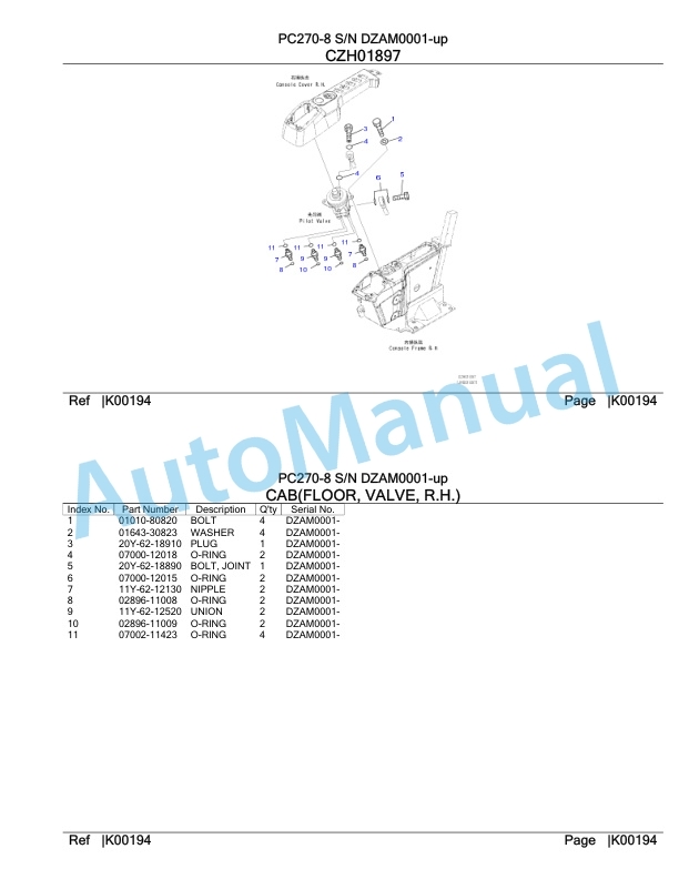 Komatsu PC270-8 Hydraulic Excavator Parts Manual DZAM0001-UP-4