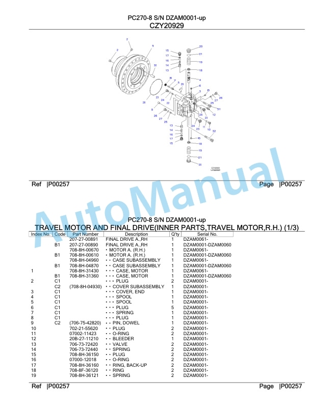 Komatsu PC270-8 Hydraulic Excavator Parts Manual DZAM0001-UP-5